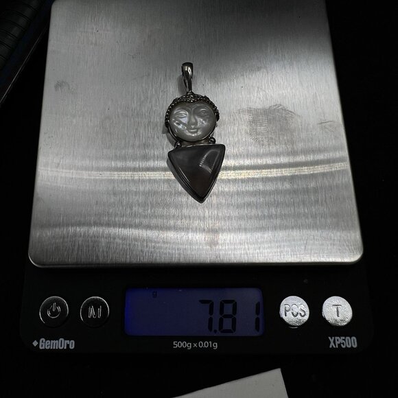 Sajen Moon Goddess Pendant Sterling Silver Carved Mother of Pearl and Agate 1.8" - Picture 6 of 13